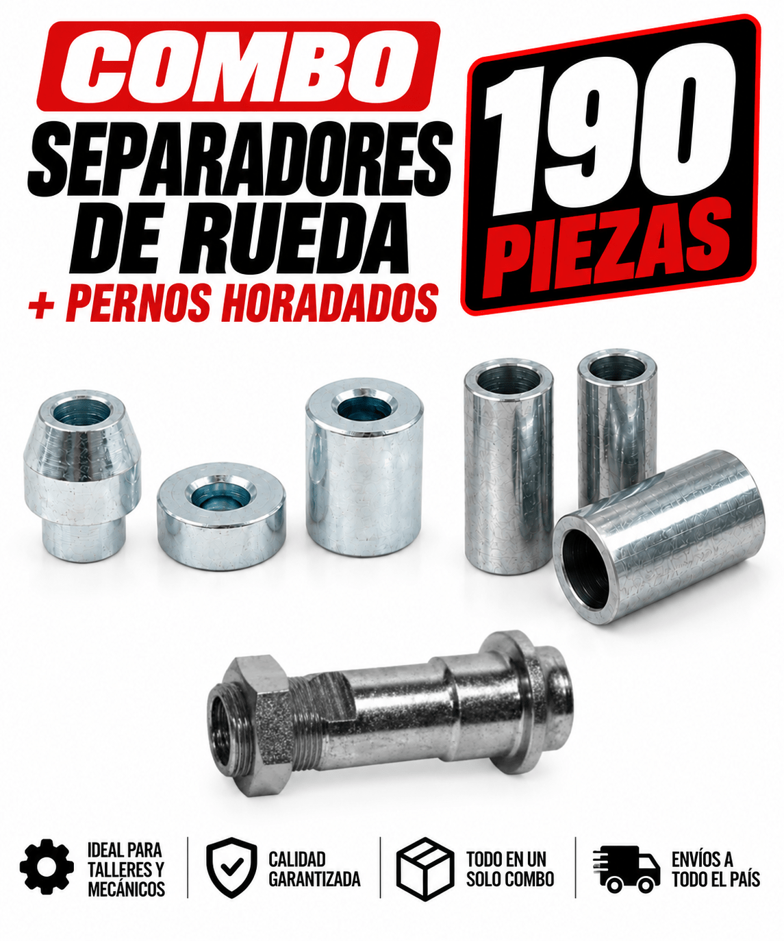 COMBO SEPARADORES RUEDA Y PERNOS HORADADOS 190 PZAS